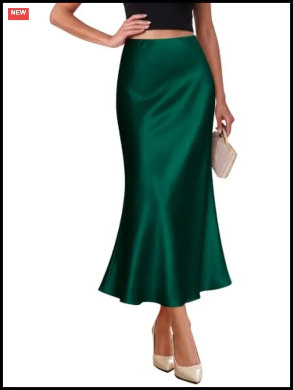 Satin Midi Skirt High Waist Mermaid Flare Cocktail Party Women Elegant